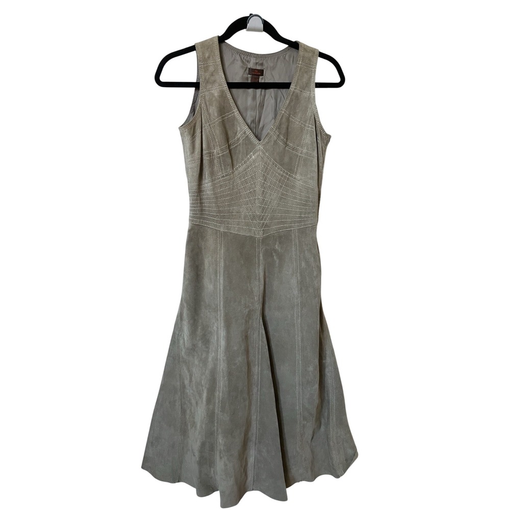 Danier Genuine Leather Suede V-Neck Midi Dress Taupe Grey Contrast Stitch Size 4